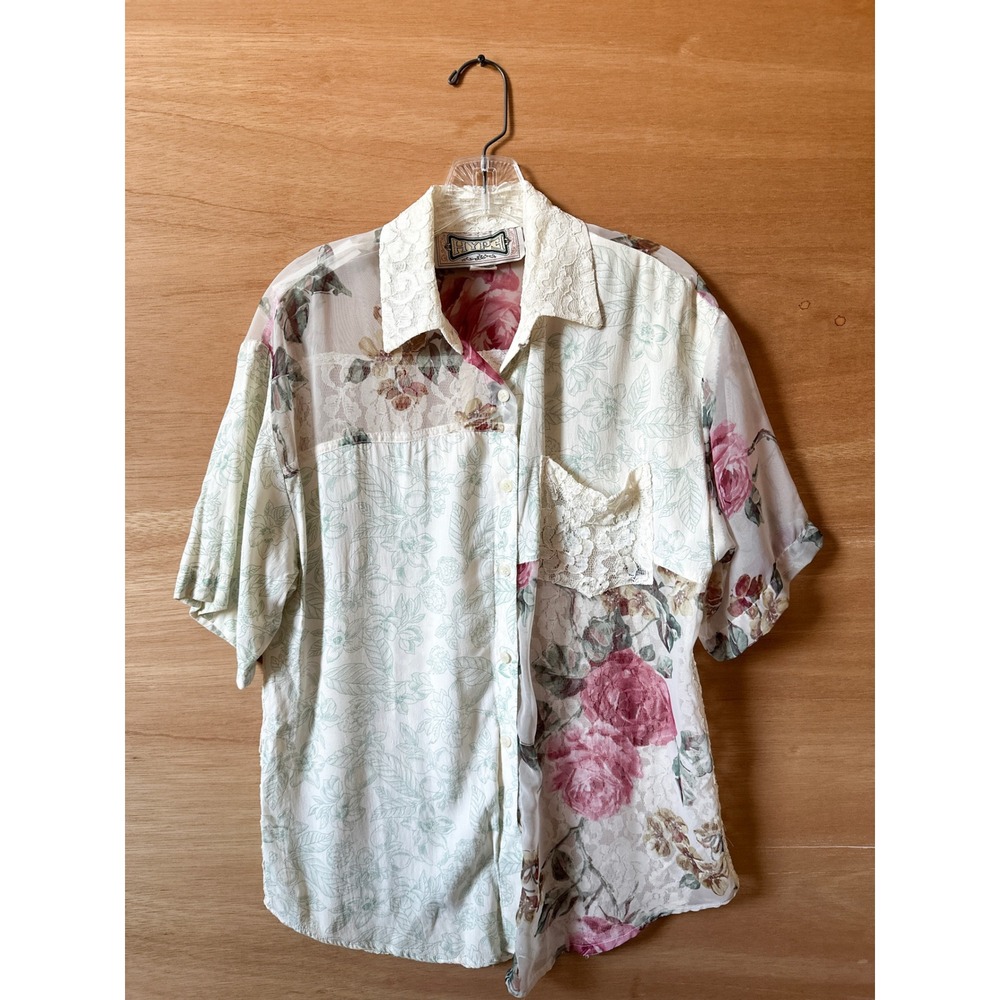 Vintage Hype Floral Lace Patchwork Short Sleeve Button Up Shirt Women's Small